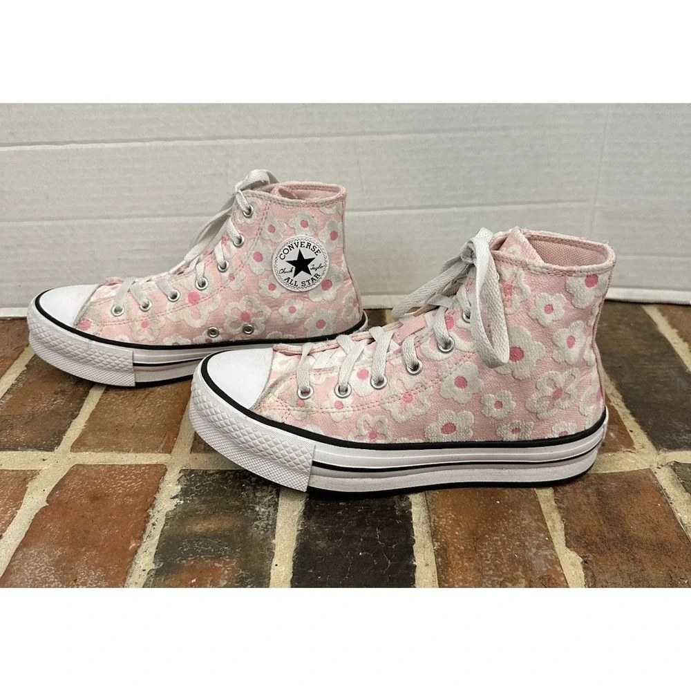 Converse Youth All Star Platform Sneakers High Top Pink White Flower Girls 4